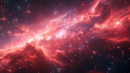 Vivid red nebula glows amidst a field of stars; celestial gas and dust swirl in a cosmic display