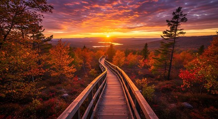 Autumn’s Embrace at Sunset, Sunset Stroll A Wooden Walkway Through Fall’s Splendor