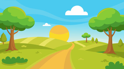 Fototapeta premium Sunlit Path Through Cartoon Meadow and Trees