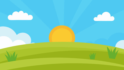 Obraz premium Cartoon Field With Waving Grass and Sunny Sky