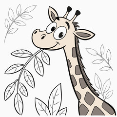 Happy Giraffe Eating Leaves Coloring Page | Black and White Cartoon Vector for Kids