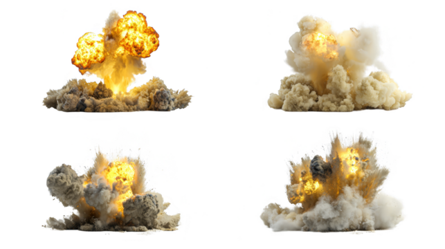 Dramatic explosions, a display of intense energy, power, and force in action intense