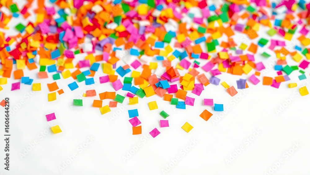 Poster scattered colorful square confetti pieces on a white surface creating a festive and vibrant scene cr