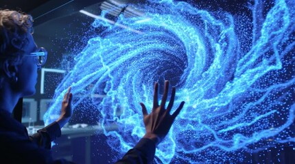 Scientist in a dark, high-tech laboratory manipulating a glowing holographic interface with data. Futuristic research and innovation concept. - Powered by Adobe