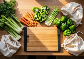 Fresh vegetables and cutting board, sustainable food preparation and healthy cooking