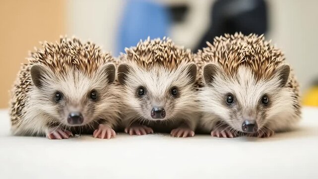 Three hedgehogs posing together on a table