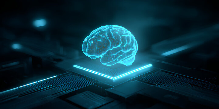 Glowing neon blue human brain hologram on futuristic circuit board - Powered by Adobe