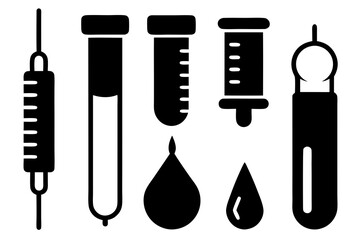 Fototapeta premium Medical and scientific laboratory equipment icons including a syringe and test tubes