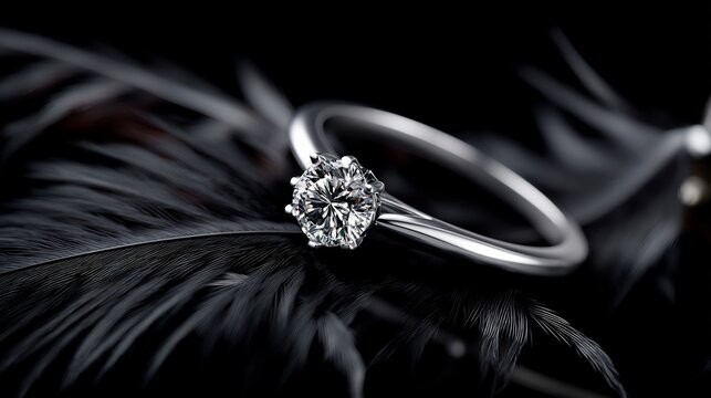 Elegant diamond engagement ring resting on soft black feathers background