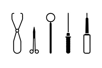 Set of five medical and surgical instruments in black outline