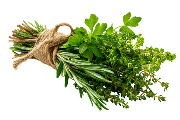 A fresh bundle of culinary herbs including rosemary, thyme, and parsley tied with twine on transparent background