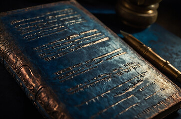 Close-up side angle of a weathered book with embossed abstract glyphs on the pages, lit by soft directional light revealing subtle texture in the paper and metallic ink shimmer, deep