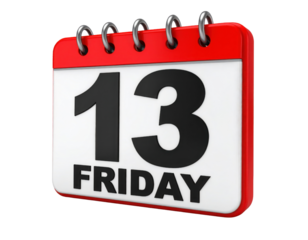 A red and white desk calendar displaying the date "Friday the 13th" with bold black numbers and letters.