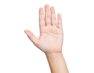 A close-up image of a human hand with fingers spread apart, showing clear skin texture and natural lines on the palm.