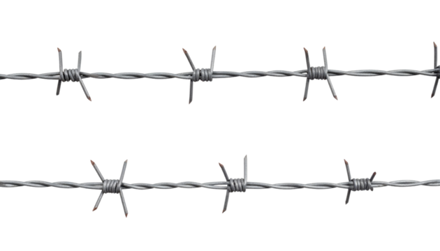 Two parallel strands of metallic barbed wire with sharp barbs evenly spaced along the wires.