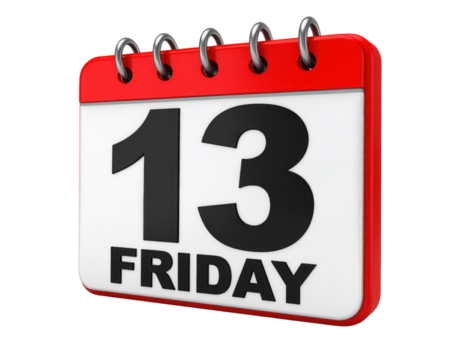 A red and white desk calendar displaying the date "Friday the 13th" with bold black numbers and letters.