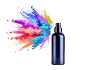 A dark blue spray bottle releasing a vibrant burst of multicolored powder in shades of purple, blue, yellow, orange, and red.