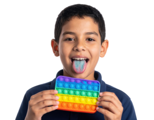 A boy holding a rainbow-colored pop-it toy while sticking out his blue-stained tongue and smiling.