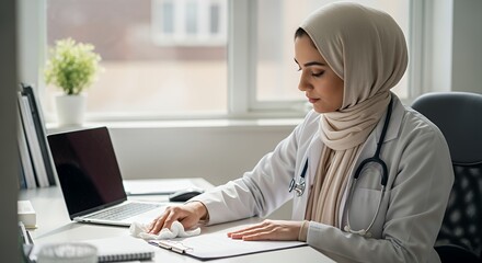 Muslim Female Doctor Cleaning Desk
