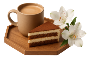 Hexagonal wooden tray holding a mocha in a ceramic mug, a slice of tiramisu, and a small bouquet of lilies.
