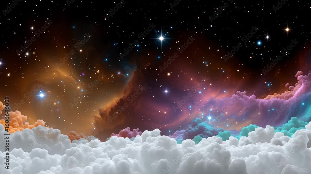 Poster cosmic landscape featuring vibrant nebulae and twinkling stars above a sea of fluffy clouds, creatin