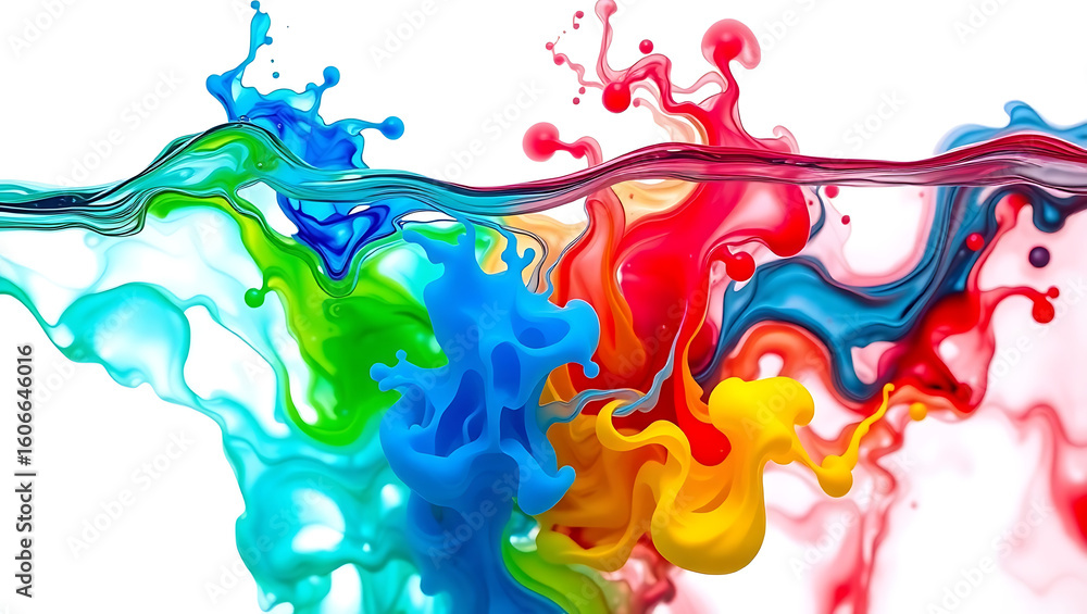 Poster a vibrant explosion of colorful inks mixing and swirling together on a clean white background create