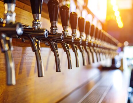 Beer taps line a wooden bar