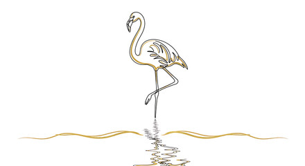 Elegant flamingo line drawing standing gracefully in rippling water reflection