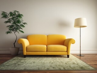 A muted sage area rug in a room with a mustard yellow sofa.