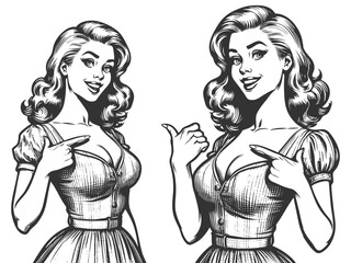 confident woman with voluminous hair pointing sideways, ideal for directing attention in designs sketch engraving generative ai fictional character vector illustration. Scratch board. Black and white.