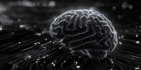 Abstract digital brain with glowing circuitry and futuristic technology background