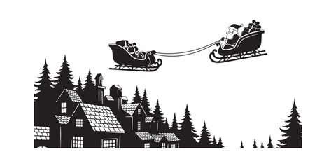 Obraz premium Santa Claus in Sleigh Flying Over Village Silhouette Christmas Illustration