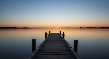 Obraz premium A wooden pier stretches into a tranquil lake, leading towards a vibrant sunset on the horizon, creating a serene and captivating waterscape under a colorful sky.