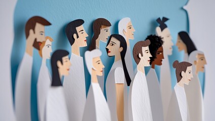 Obraz premium Paper cut art depicts a dense crowd of twelve people in profile, each meticulously crafted from white paper with detailed facial features, clothing, and hairstyles. The diverse figures—men and women o