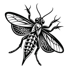 Detailed Monochrome Illustration of a Wasp with Striking Wing Patterns and Sharp Leg Details Insect Artwork