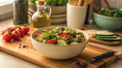 Fresh vegetable salad in a bowl on wooden cutting board indoors  