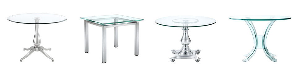Four Glass and Metal Tables on White Background: Modern Furniture Collection
