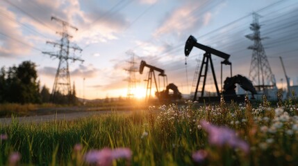 Silhouette of oil pump jacks working in field with power lines against dramatic sunset sky and wildflowers in foreground, rural industrial landscape with warm golden light, energy extraction