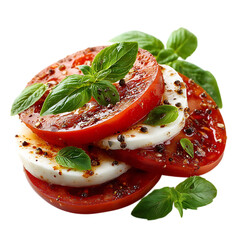 A refreshing caprese salad made with sliced tomatoes, mozzarella, and fresh basil leaves on transparent background
