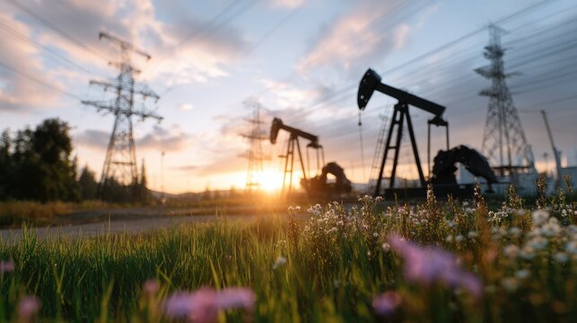Silhouette of oil pump jacks working in field with power lines against dramatic sunset sky and wildflowers in foreground, rural industrial landscape with warm golden light, energy extraction - Powered by Adobe