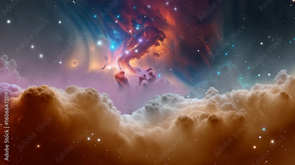 Poster cosmic nebula with vibrant colors and swirling clouds, illuminated by distant stars, creating a mesm