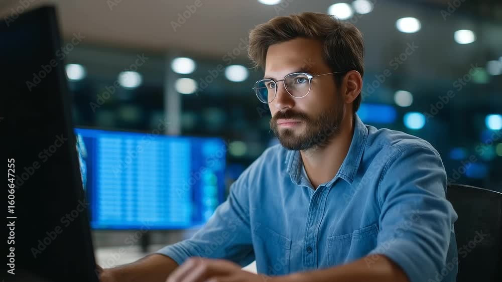 Poster a cybersecurity analyst diligently monitors systems in a high-tech operations center.