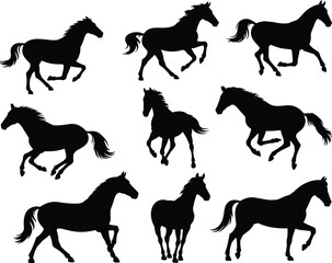 Black Silhouette Horses in Galloping and Running Poses, Dynamic Equine Vector Set for Wildlife, Ranch, and Farm Animal Designs, Motion and Strength.