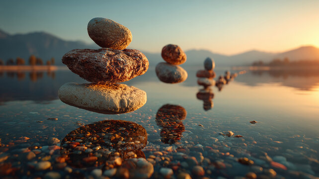 Balancing tranquility with levitating stones above a serene lake