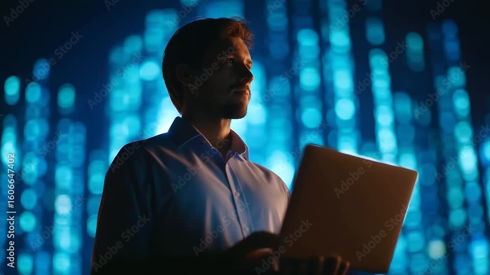 Poster a cybersecurity analyst monitors code on multiple dark screens, ensuring digital safety.