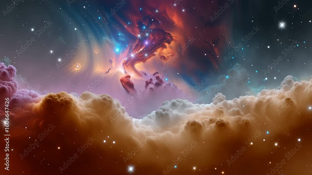 Poster cosmic nebula with vibrant colors and swirling clouds, illuminated by distant stars, creating a mesm