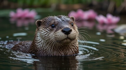 Fototapeta premium Otter in water, pink flowers