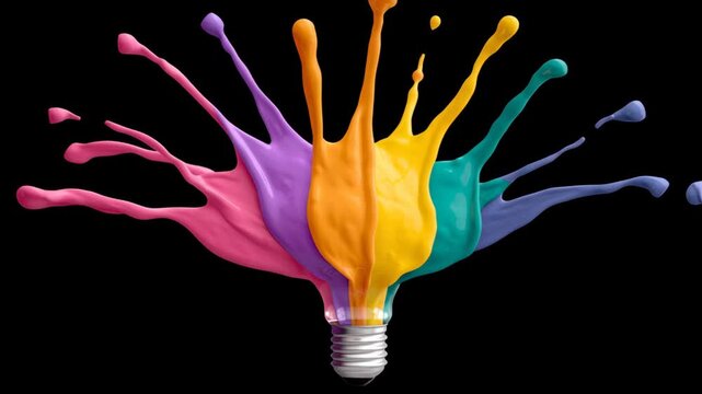 Colorful paint splashes erupting from a light bulb, creating a vibrant explosion of hues against a black background, symbolizing creativity, innovation, and artistic expression in a dynamic visual rep