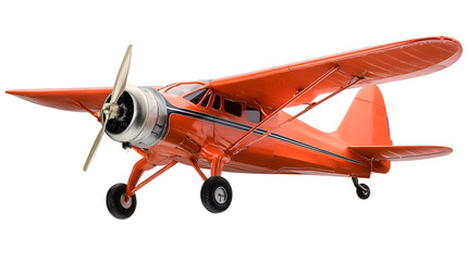 Detailed Orange Airplane Model on White Background, Vintage Aircraft, Propeller Close-up.