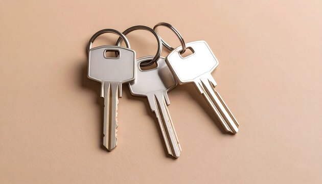 Three keys lie on a smooth light surface, showcasing their distinct shapes and metallic shine.